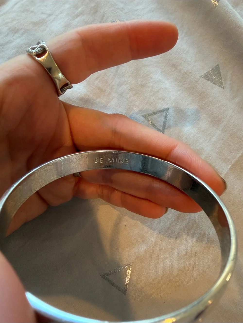 Kate Spade “be mine” Idiom Silver Engraved Metal Bangle Bracelet